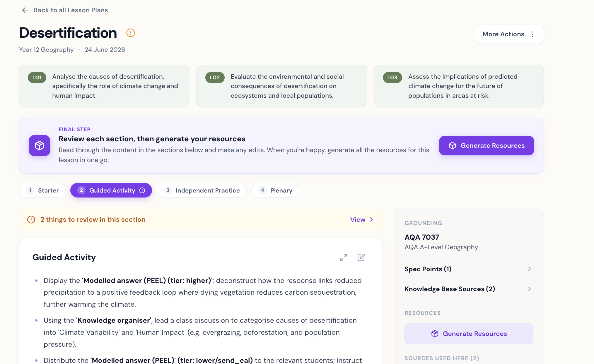 A generated lesson plan with timed sections and grounded sources