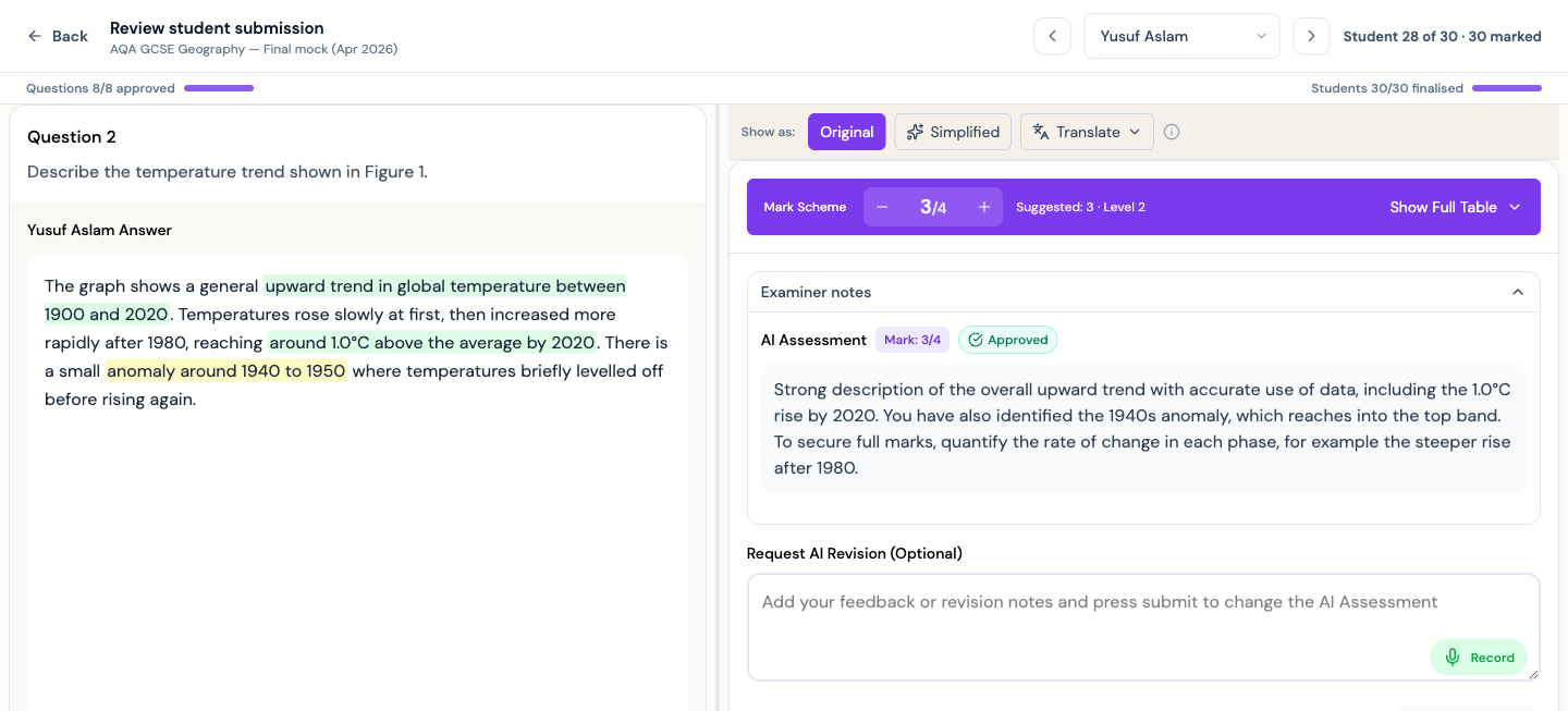 Reviewing an AI-marked submission against the rubric, with the AI assessment summary and a teacher comment box