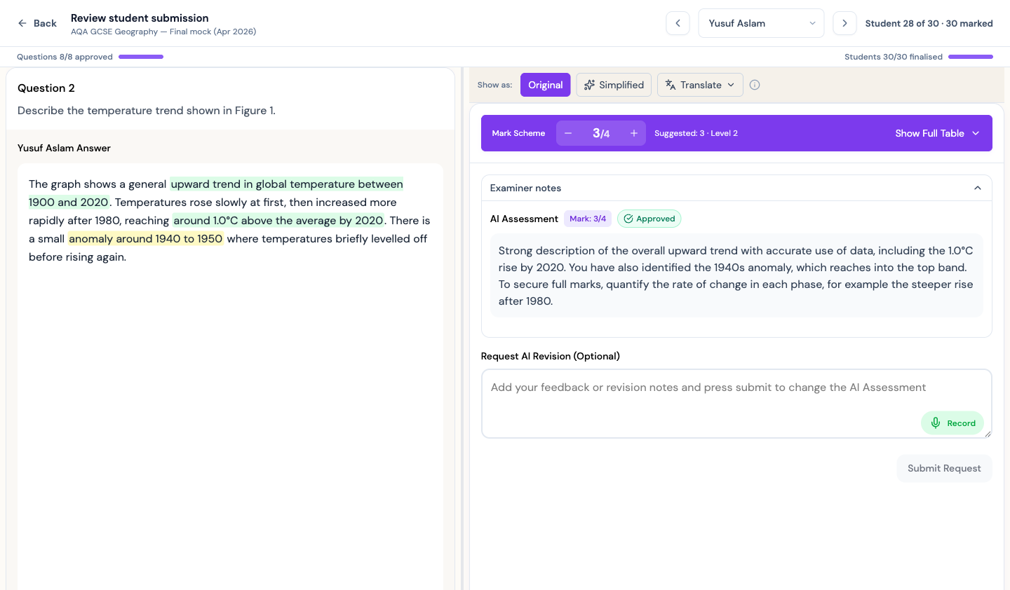 Reviewing AI-suggested marks and feedback against the mark scheme